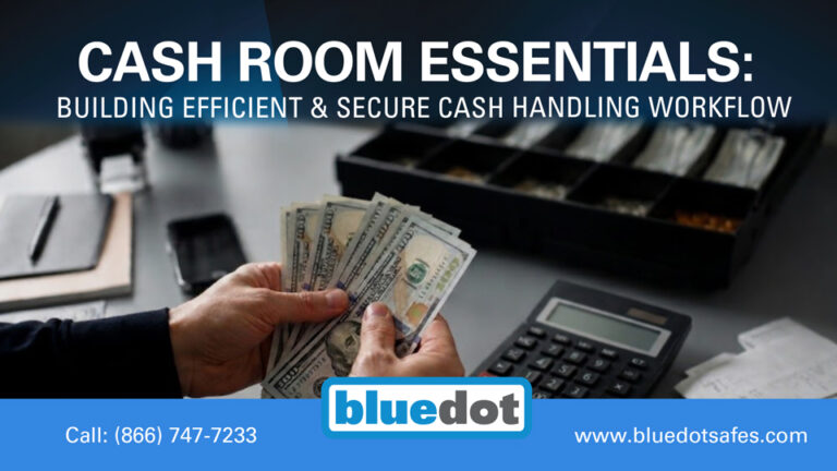 Cash room essentials banner showing secure cash handling workflow with money counting, calculator, and cash tray by Bluedot Safes