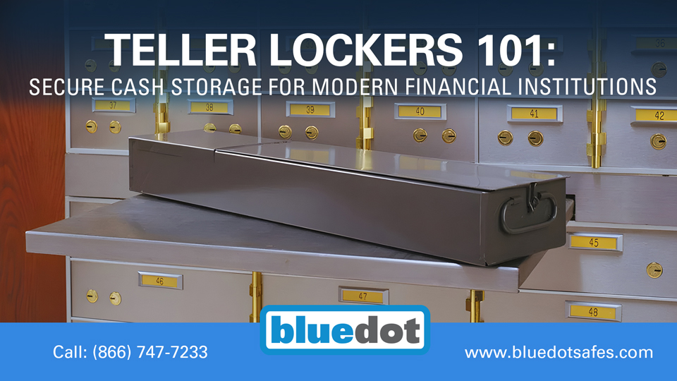 Teller locker drawer pulled out from a bank safe deposit locker wall — Blue Dot Safes secure cash storage solutions for financial institutions