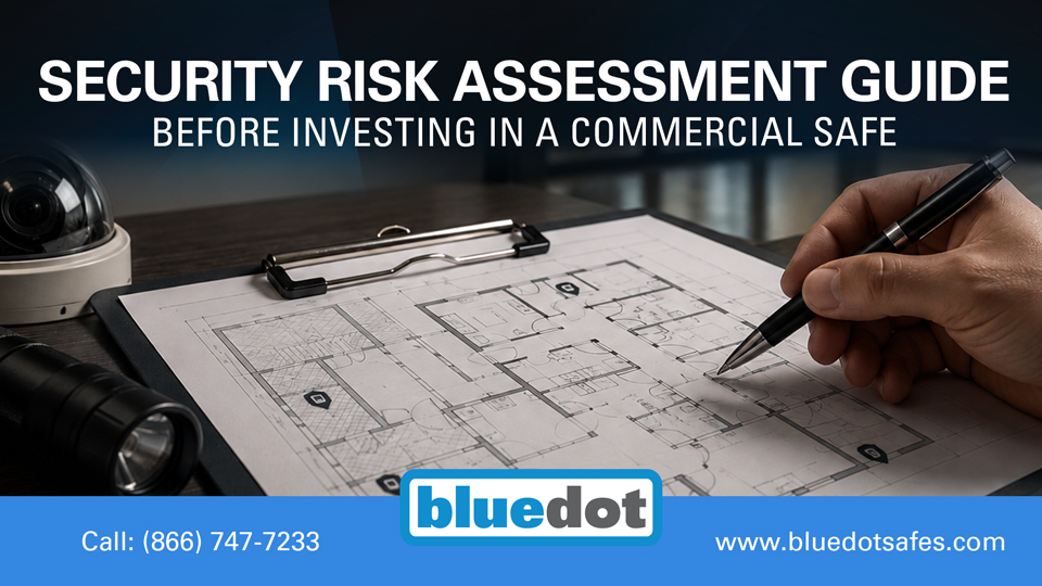 Security risk assessment checklist with floor plan, security camera, and flashlight | Blue Dot Safes
